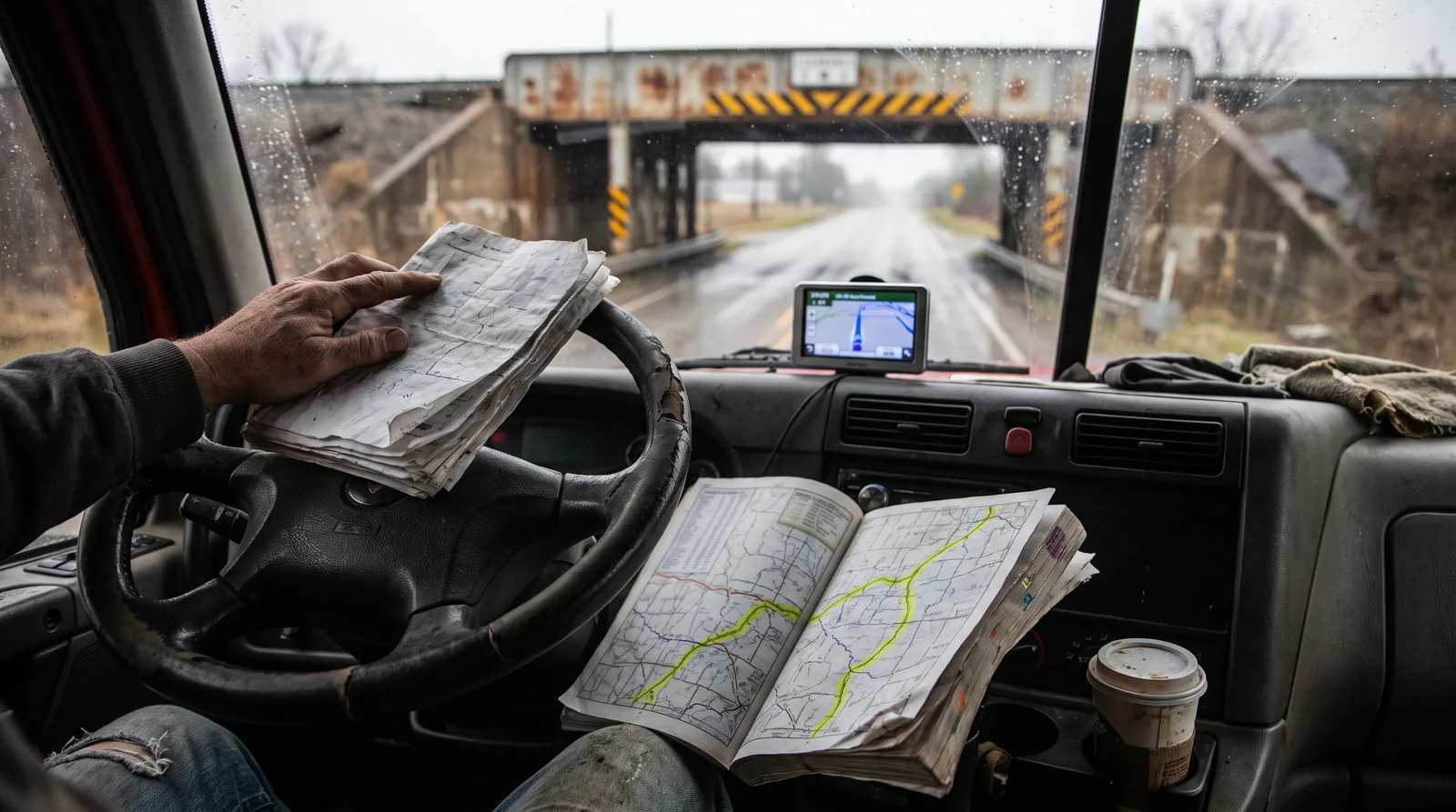 Driver's hand holding permit pages against the steering wheel with a highlighted road atlas and GPS on the dash and a low railroad bridge ahead