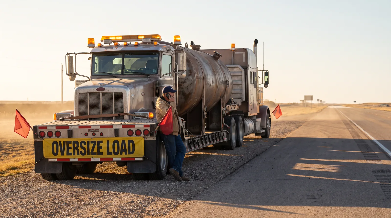 Driver leaning on the fender of a parked oversize load at sunset, making a phone call