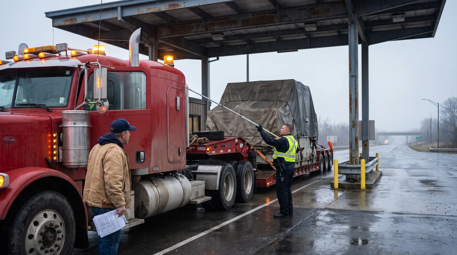 Enforcement officer measuring the width of a tarped oversize load on a lowboy trailer at a weigh station at dawn while the driver waits with his permit