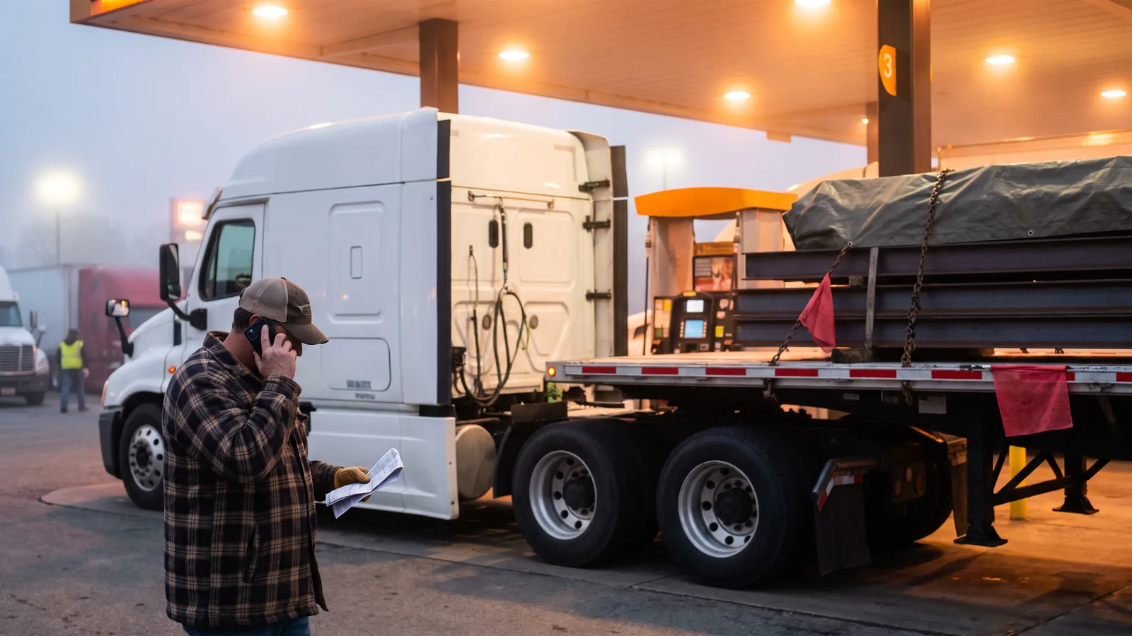 Truck driver standing beside a flatbed loaded with steel beams at a fuel island at dusk, talking on his phone with a paper in his hand