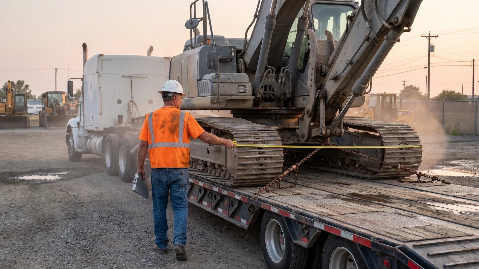 Truck driver in a hi-vis vest walking the length of an excavator on a lowboy trailer in a gravel yard at sunrise, stretching a tape measure across the load