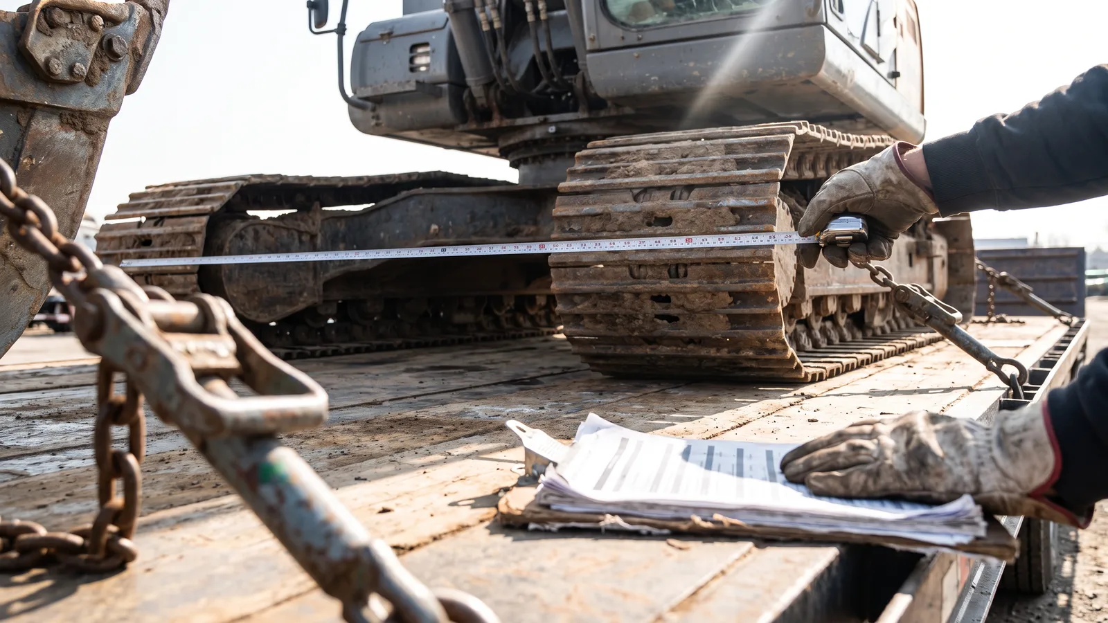 Gloved hand stretching a tape measure across the full width of an excavator's tracks on a lowboy deck, with a clipboard of permit paperwork