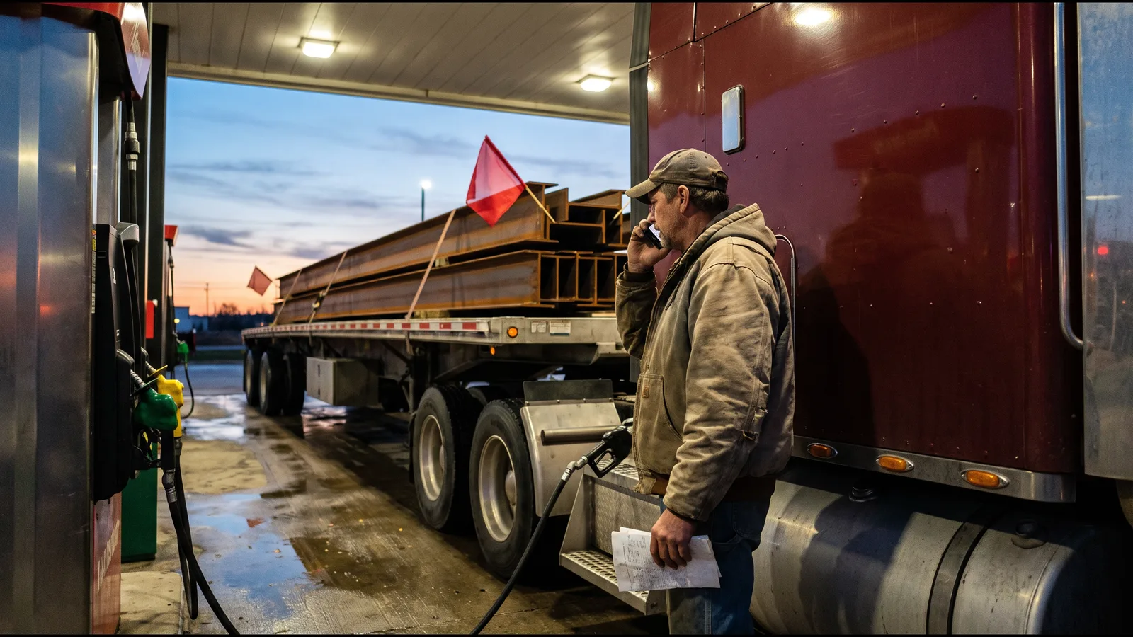 Truck driver on the phone beside his tractor at a fuel island at dusk, with a flatbed of steel beams behind him