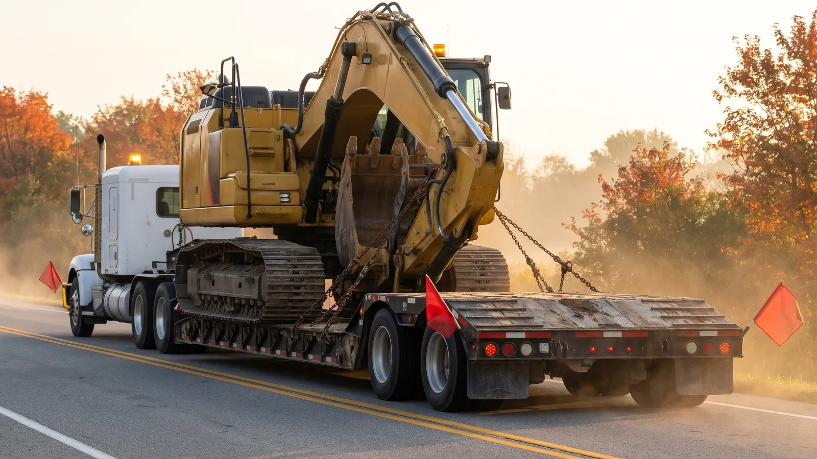 Tracked excavator chained to a lowboy trailer with red corner flags and amber beacons, rolling down a two-lane highway lined with fall trees