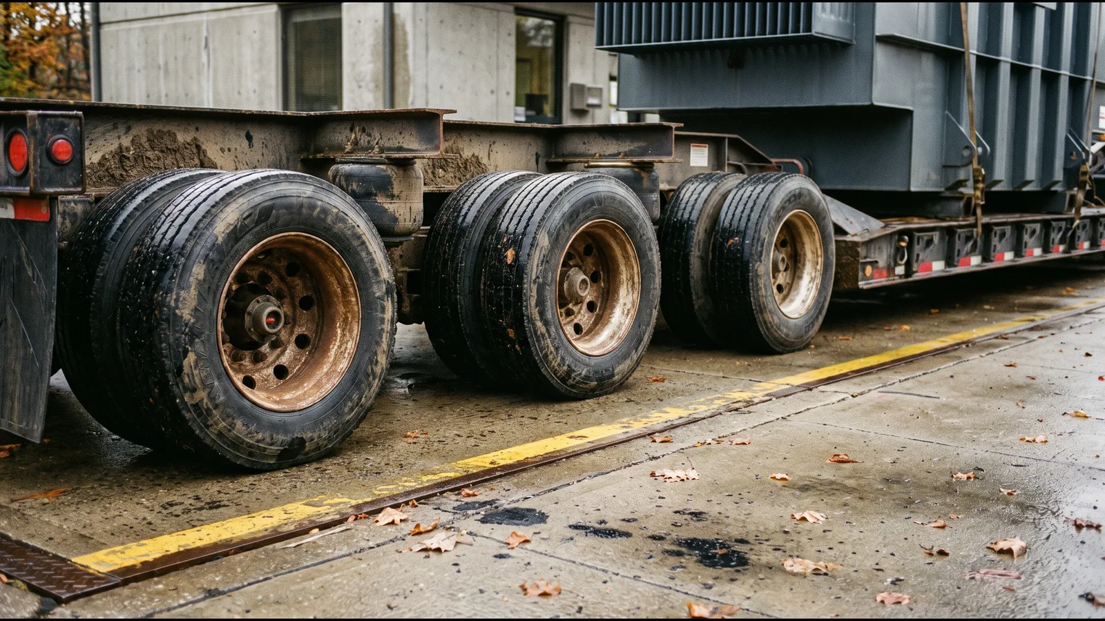 Close view of a heavy-haul trailer's rear axles and dual tires resting on a weigh station scale, with a steel load above