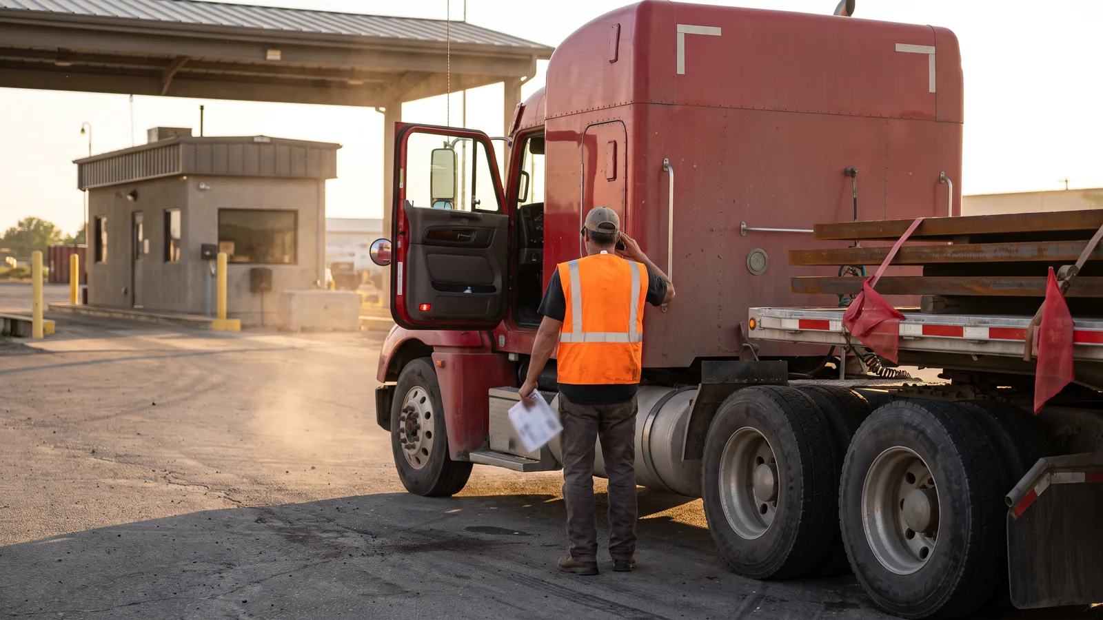 Truck driver standing beside his tractor at a weigh station parking area, talking on his phone with a permit in his other hand, flatbed of steel plate behind him