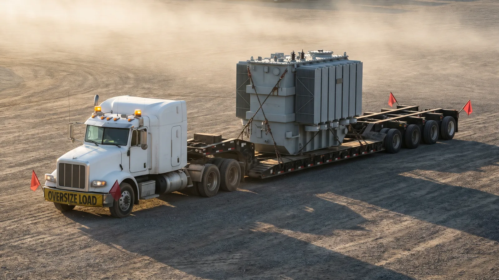 Large electrical transformer on a multi-axle heavy-haul trailer waiting in a gravel yard at dawn, with a tractor hooked up and amber beacons on