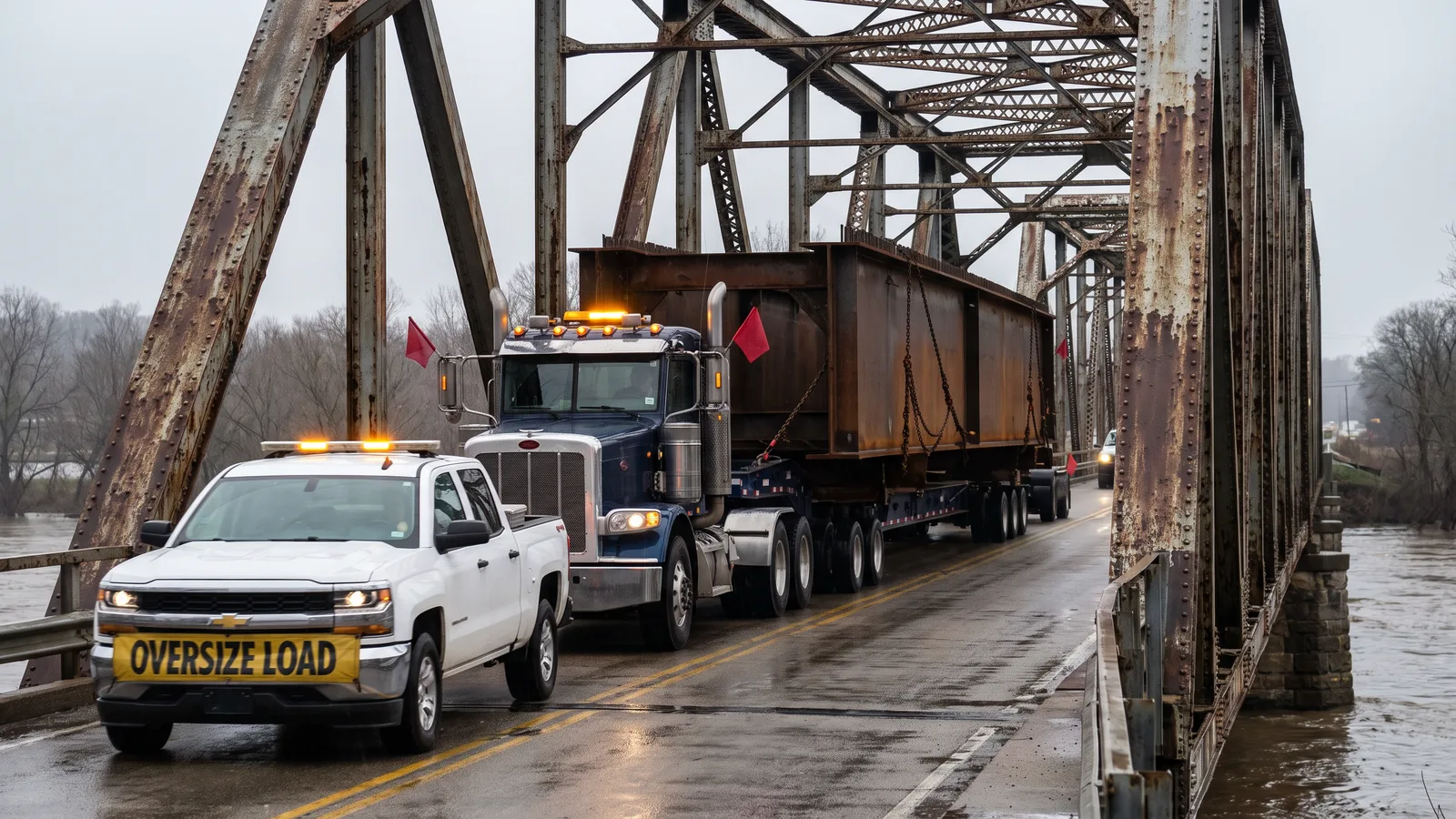 Wide load on a step-deck trailer crossing a steel truss bridge behind a pilot car with an amber light bar, on an overcast morning
