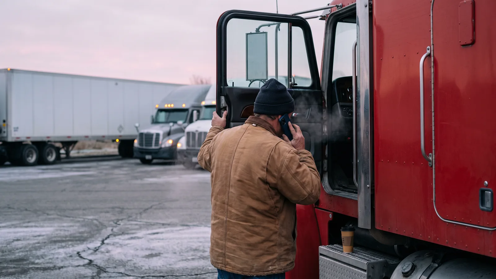 Truck driver on the phone beside the open door of his tractor in a rest-area parking lot at dawn