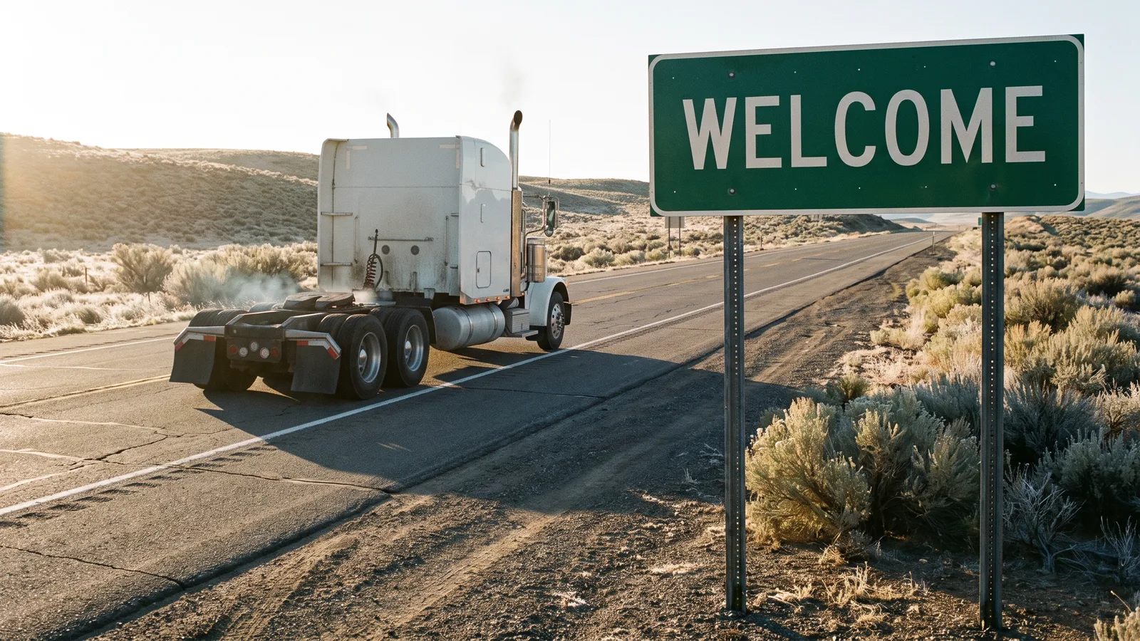 Unbranded white conventional sleeper tractor passing a green highway welcome sign on a two-lane desert road at dawn
