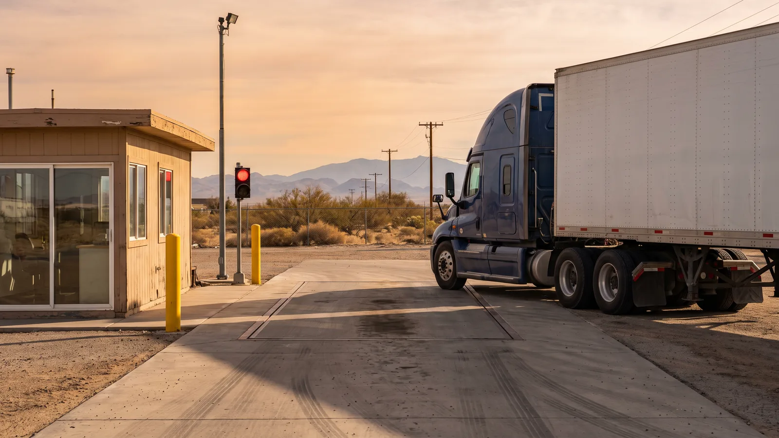 Tractor-trailer stopped in the inspection lane at a port of entry, with the booth window and the scale platform in late afternoon light