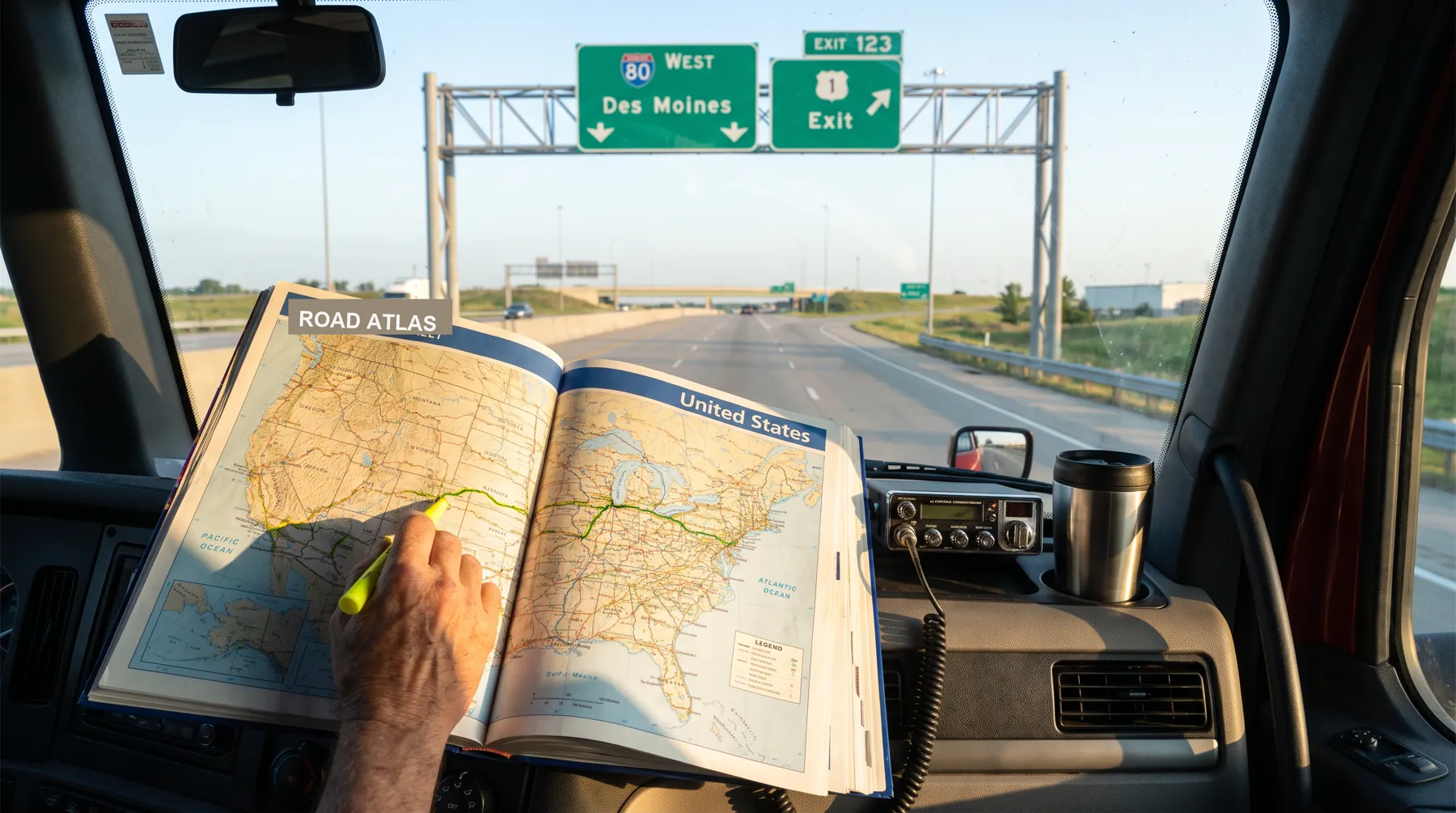 Road atlas open on the dash of a semi truck