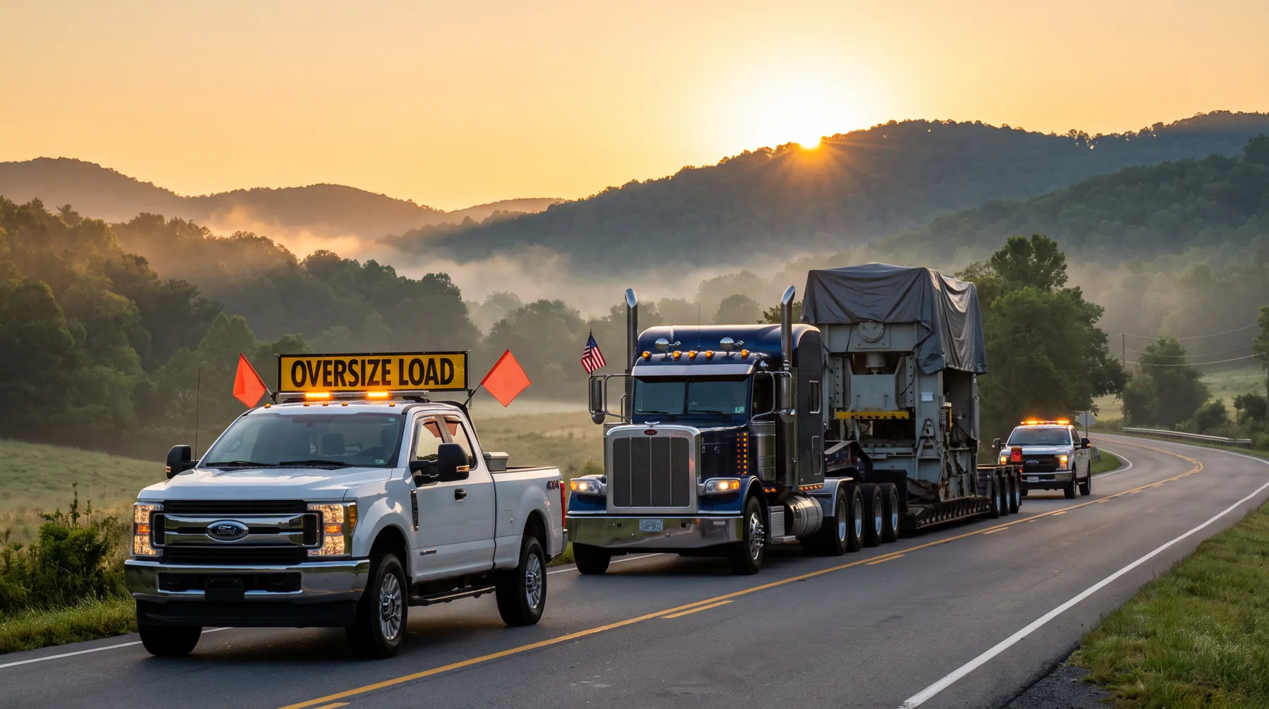 Pilot car leading an oversize convoy at sunrise