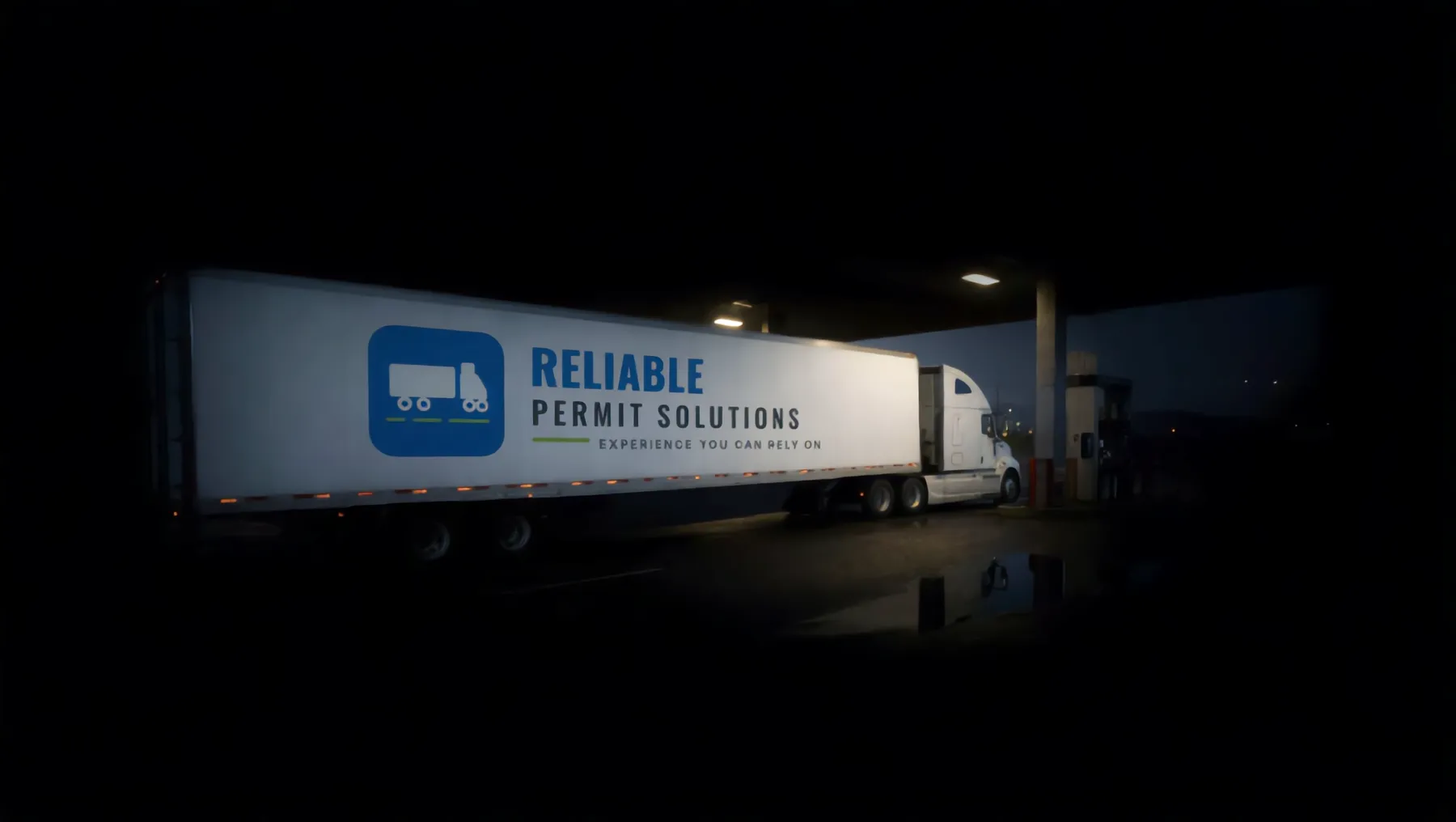 Reliable Permit Solutions truck at a truck-stop fuel island