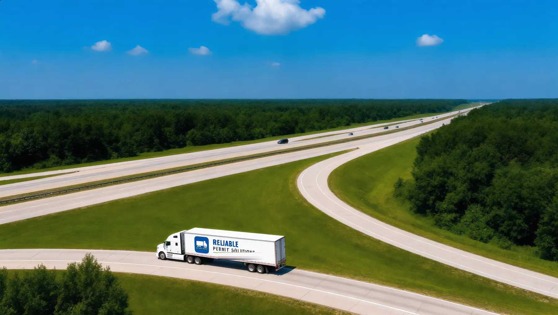 Reliable Permit Solutions truck sweeping through a highway interchange