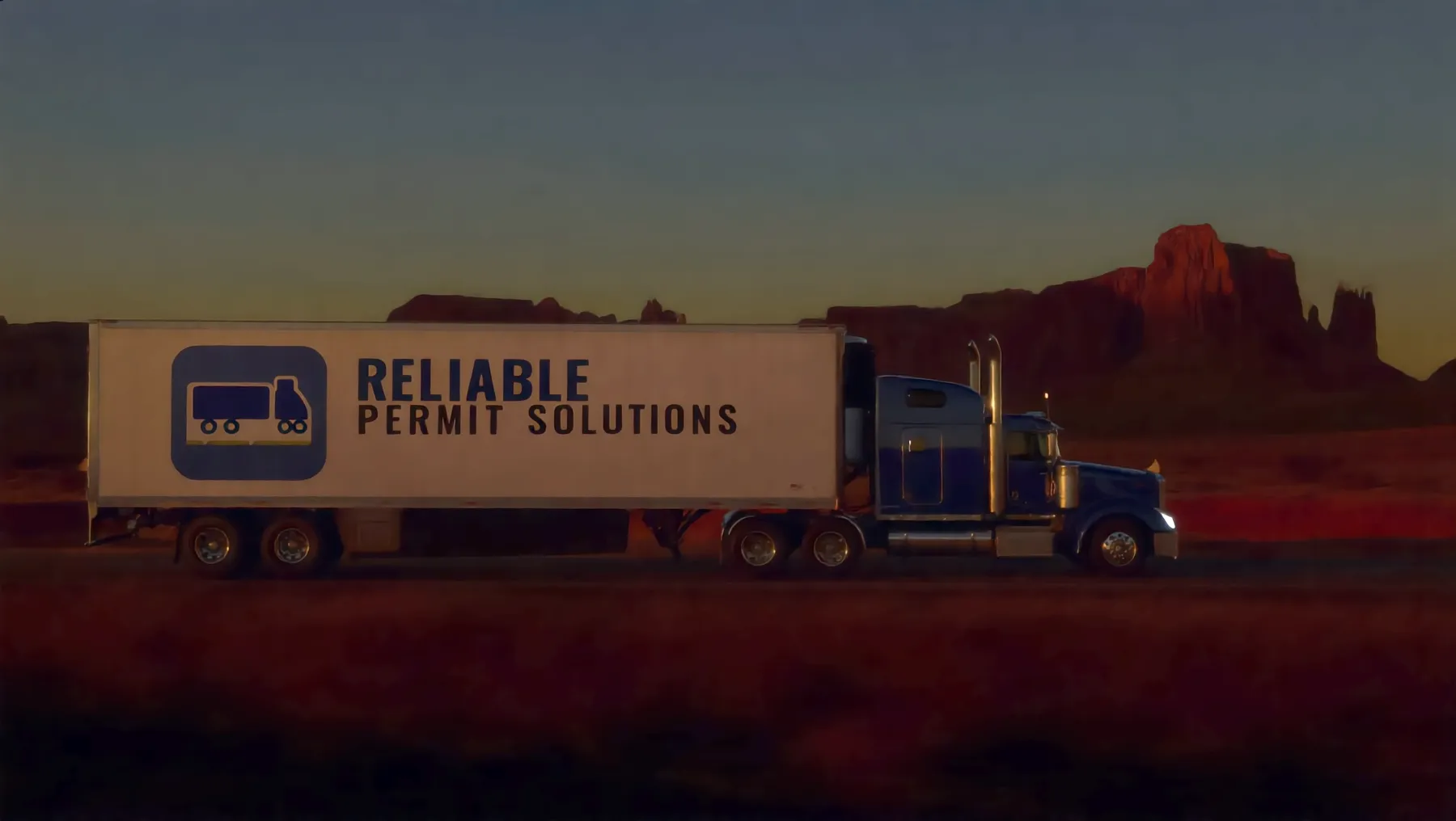 Reliable Permit Solutions trailer passing Monument Valley