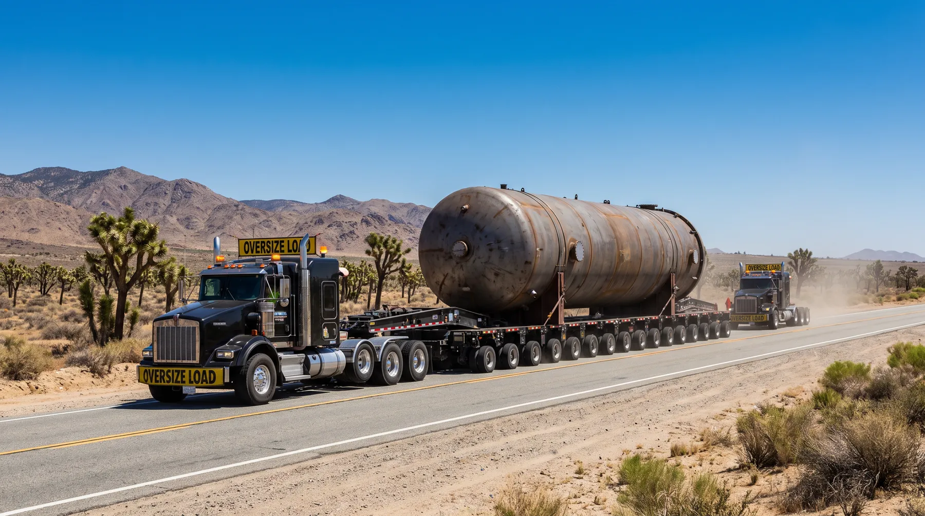 Superload pressure vessel crossing the desert under escort